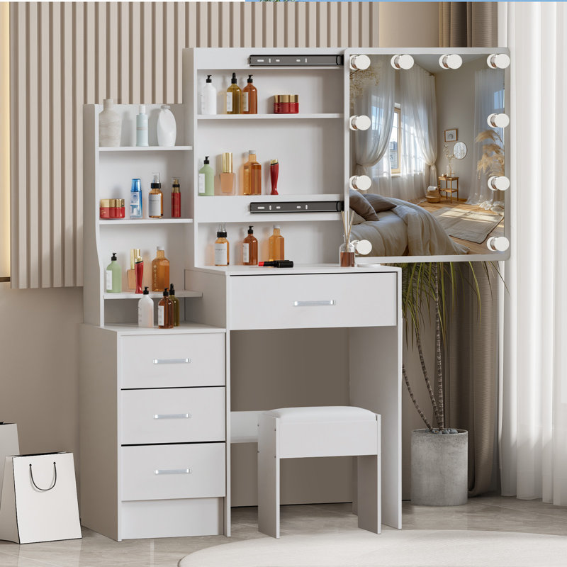 Ensemble de coiffeuse blanche avec lumières DEL et miroir coulissant avec tabouret
