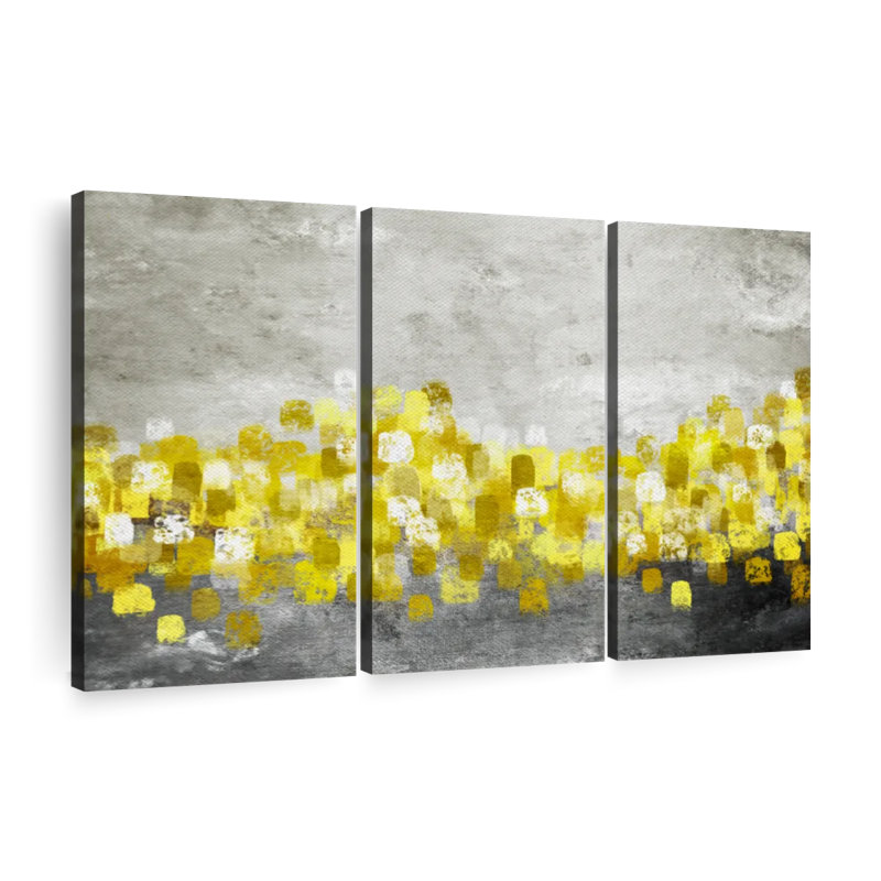 "Abstract Pop Of Yellow Abstract XXIII", ensemble de 3 pièces sur toile par Julie P, H 20 po x l 33 po x P 1,25 po