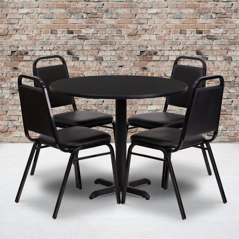 Ensemble de table ronde en stratifié 36 po avec base en X et 4 chaises de banquet trapézoïdales Ahlam, Noir