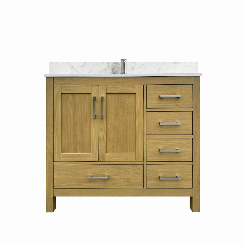 Meuble-lavabo 42 po avec lavabo et trou pour robinet, meuble-lavabo avec 2 portes et 5 tiroirs en chêne