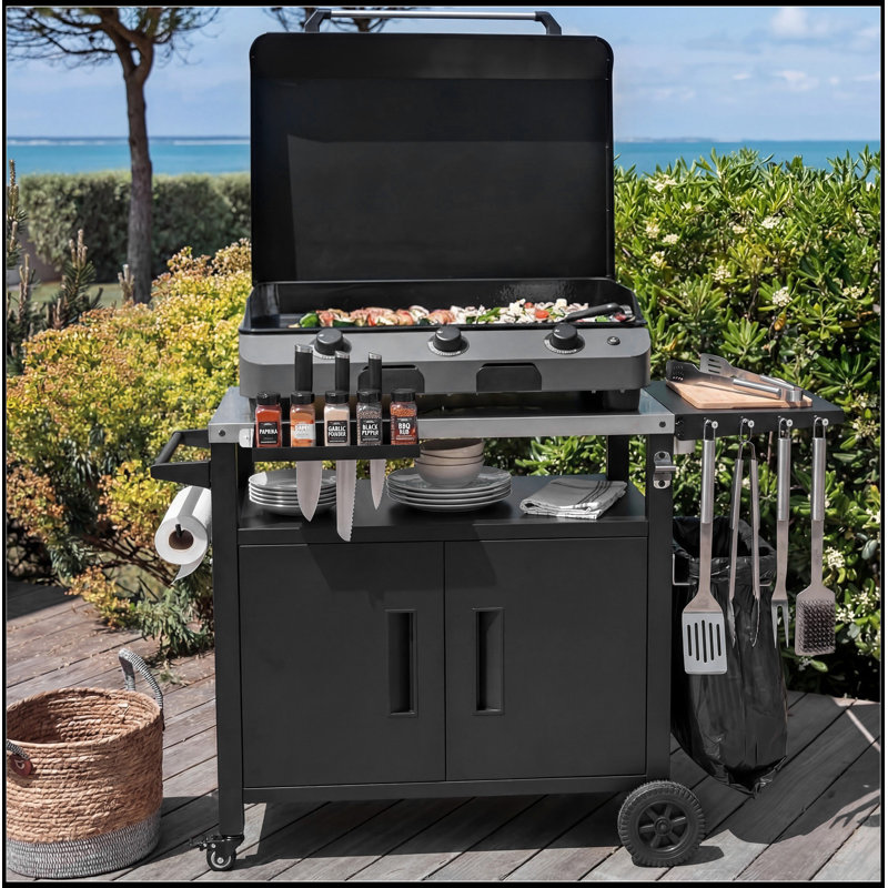Table de préparation extérieure pour barbecue avec plateau en acier inoxydable, tablette latérale pliable et armoire de rangement, chariot à roulettes