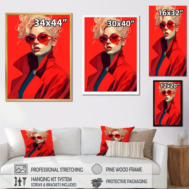 «Gorgeous Model In Red Coat II», reproduction d'art sur toile, H 44 po x l 34 po x P 1,5 po, Cadre photo doré simple
