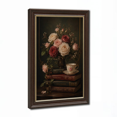Roses rouges et crème avec livres empilés et tasse de thé, art mural d'Halloween