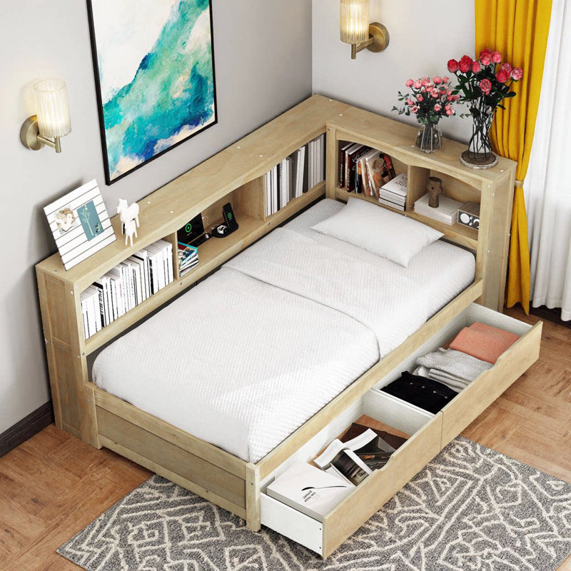 Lit de jour simple avec 2 tiroirs XL, 5 armoires de rangement et station de charge USB, finition bois naturel, Naturel