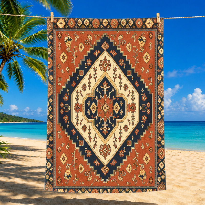 1 serviette de plage à motif de tapis oriental rétro, avec des motifs géométriques et floraux complexes dans des tons terreux chauds avec une bordure marine foncé. Microfibre douce, parfaite pour la piscine, les aventures en plein air.