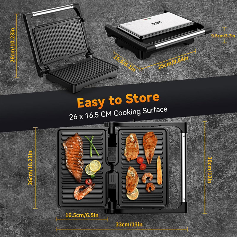 YASHE 1200W Panini Grill Press 2‑Slice Sandwich Maker