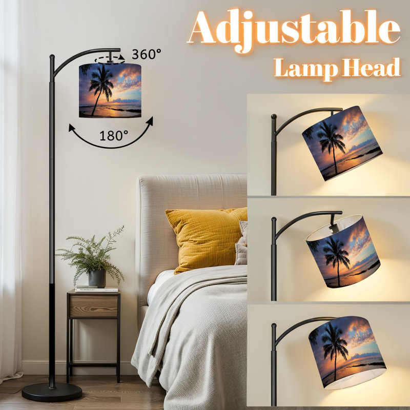 Arc Floor Lamp with Adjustable Lampshade Sunset Sihouette Palm Tree Poipu Beach Hawaii Standing Lamp 3 Color Temperatures Dimmable Tall Pole Lamp with Foot Switch for Bedroom