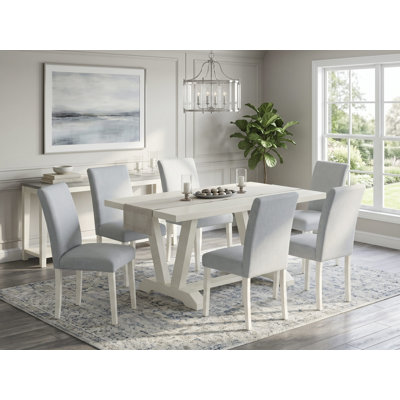 7 Piece Modern Dining Table Set Consist of a Rectangle Wooden Table with V-Legs and 6 Baby Blue Linen Fabric Upholstered Chairs, Multi-Color