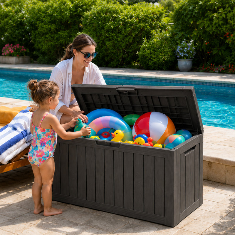 Boîte de rangement extérieure, boîte de terrasse en résine de 80 gallons imperméable pour meubles de patio, outils de jardin et accessoires de piscine