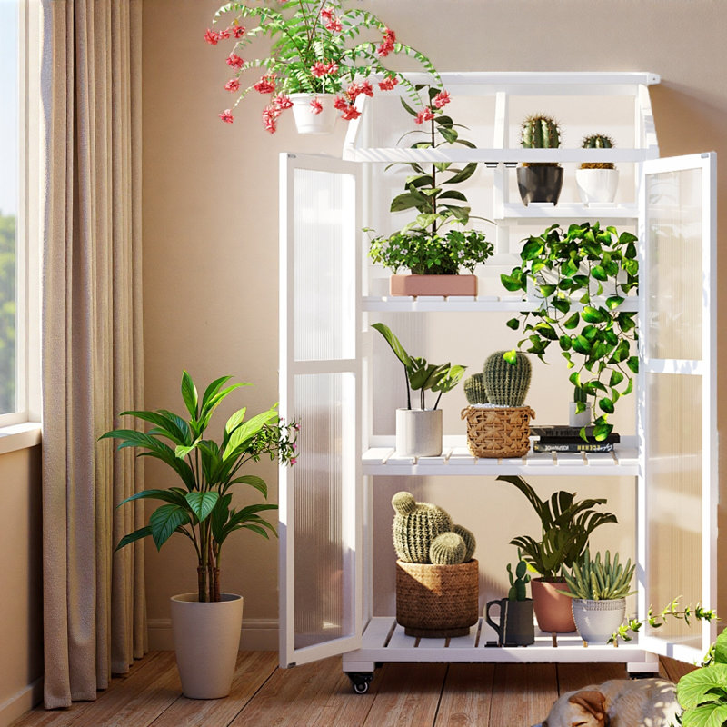 Height Wood Large Greenhouse Balcony Portable Cold Frame With Wheels And Adjustable Shelves For Outdoor Indoor Use, White