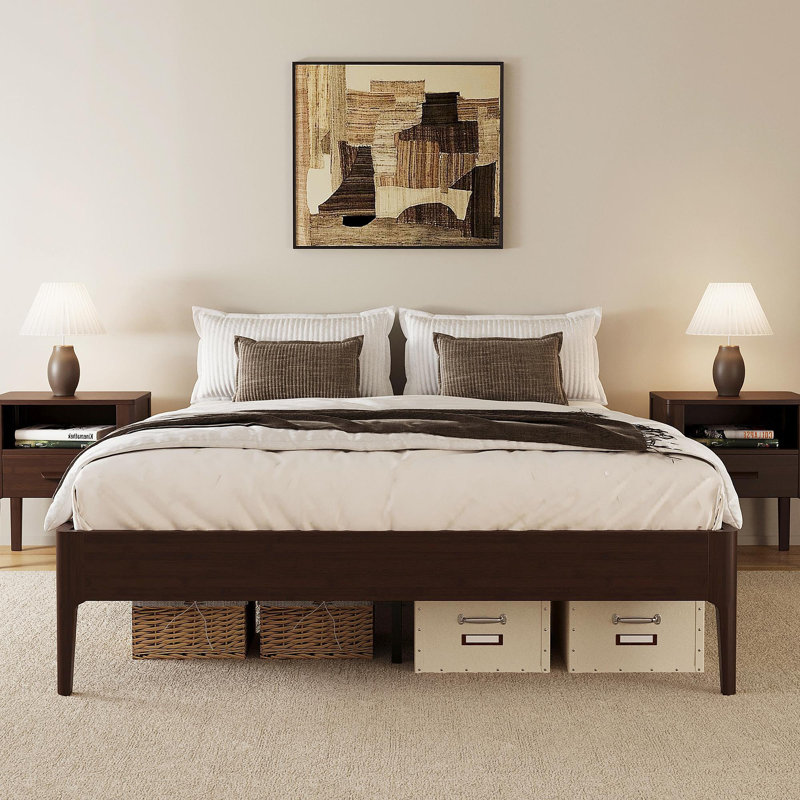 15 Inch High Full Size Solid Dry Bamboo Wood Platform Bed Frame, With Wood Slat Metal Support, Modern & Minimalist Style, No Box Spring Needed, Easy Assembly, Chocolate