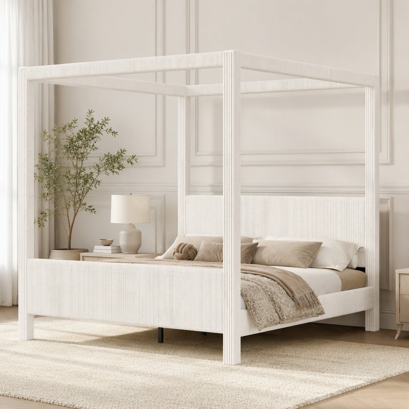 Lit plateforme capitonné avec motif en velours côtelé à côtes verticales, Grand lit, Beige