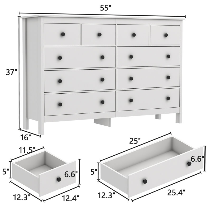 55" Modern White Dressers& Chests of Drawers, 10 Drawer Wide Dresser for Bedroom, Living Room