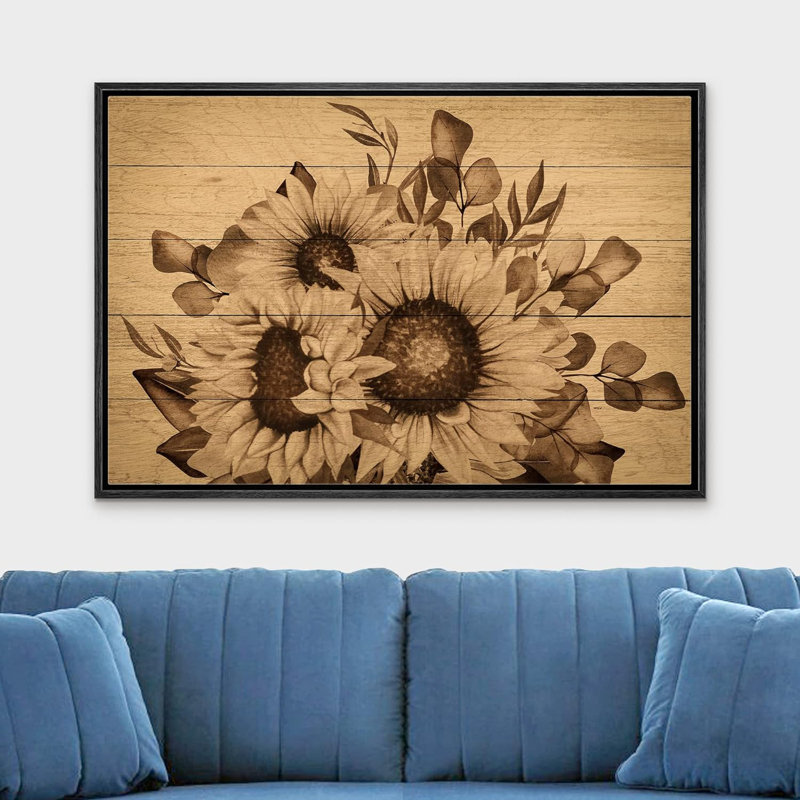 Panneau de tournesol effet bois rétro rétro classique sépia tournesols floraux sur toile, H 16 po x l 24 po x P 1,5 po