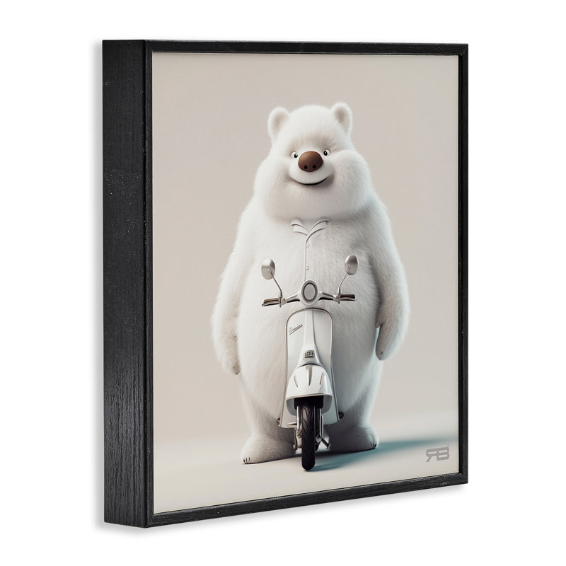 Drôle d'ours avec scooter, estampe numérique encadrée par RB, Giclée encadrée noir minuit, H 24 po x l 24 po