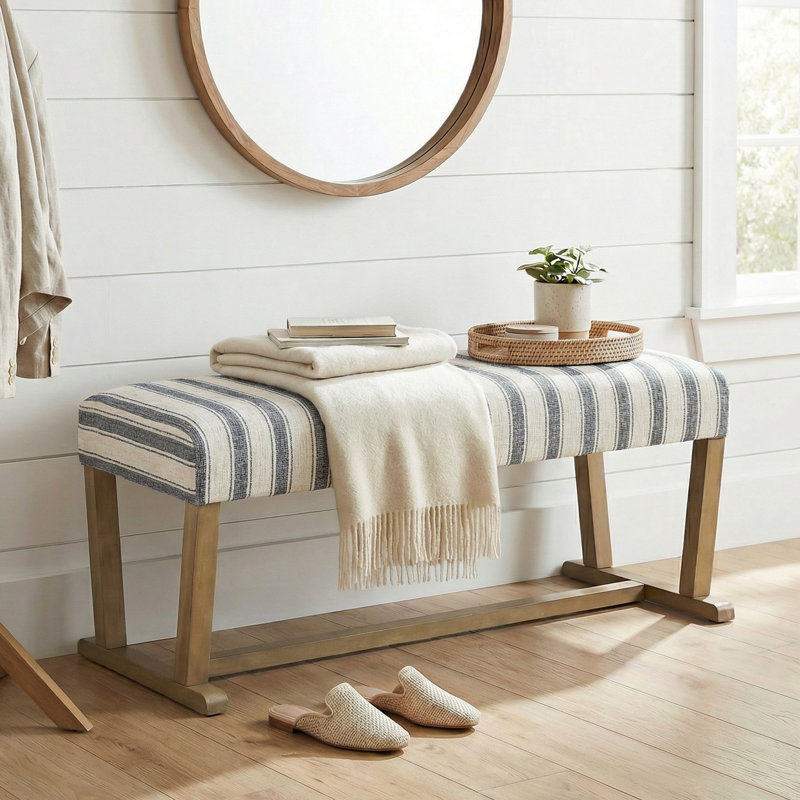 Striped Upholstered Bench, 41" Coastal Bench with Wood Frame for Entryway, Dining Room & Bedroom, Gray Blue