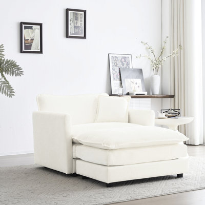 Fauteuil rembourré en chenille avec - blanc pour le salon et la chambre à coucher, chaise d'appoint moderne avec cadre en bois massif