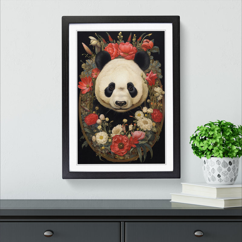 Panda Art Deco - Single Picture Frame Print on Wood, Black Framed, 34cm H x 25cm W x 2cm D