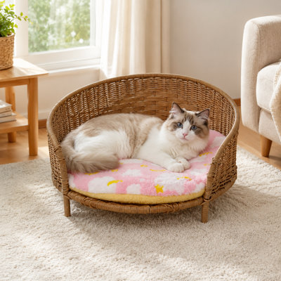 Hand-Woven Elevated Rattan Cat Bed Chair, Breathable Round Wicker Pet Sofa Bed for Small Dogs & Cats, All-Season Open-Frame Pet House, Dark Khaki