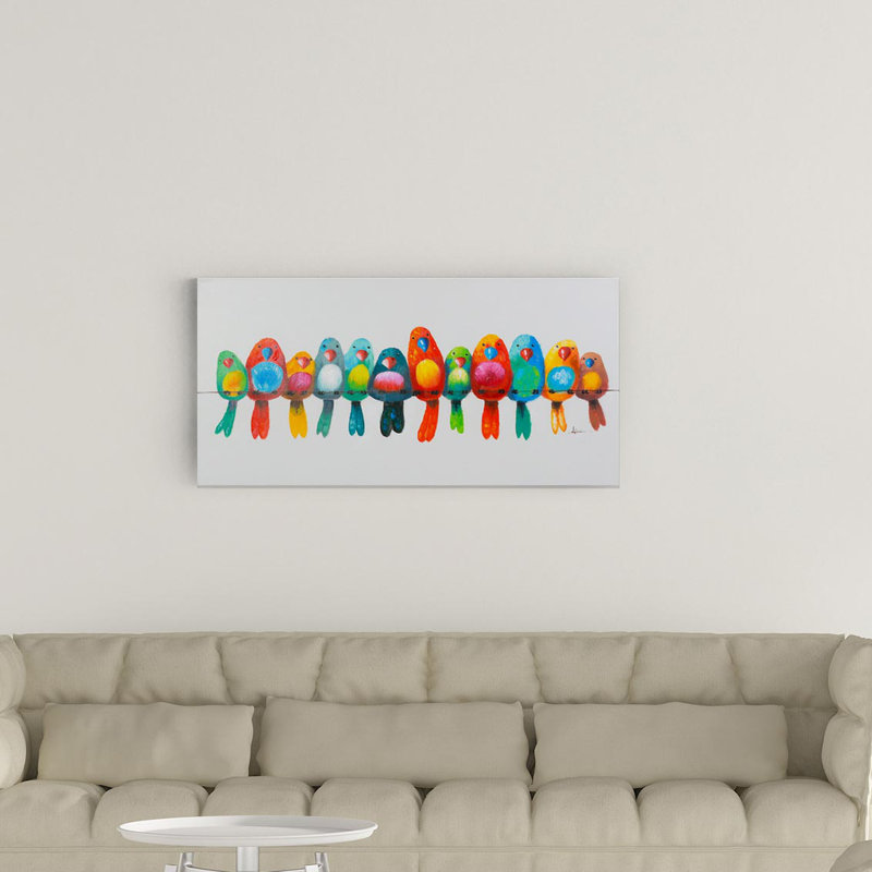 « oiseaux on a wire i », reproduction de peinture sur toile tendue, H 24 po x l 48 po x P 2 po