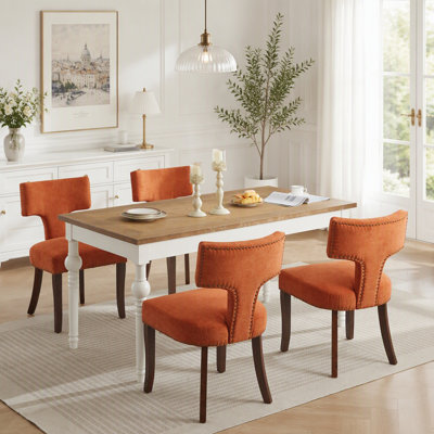 Ensemble de 2 chaises de salle à manger de style Mid-Century moderne, dossier courbé rembourré en tissu de lin ferme avec clous en cuivre, chaises de cuisine avec cadre en bois franc, orange
