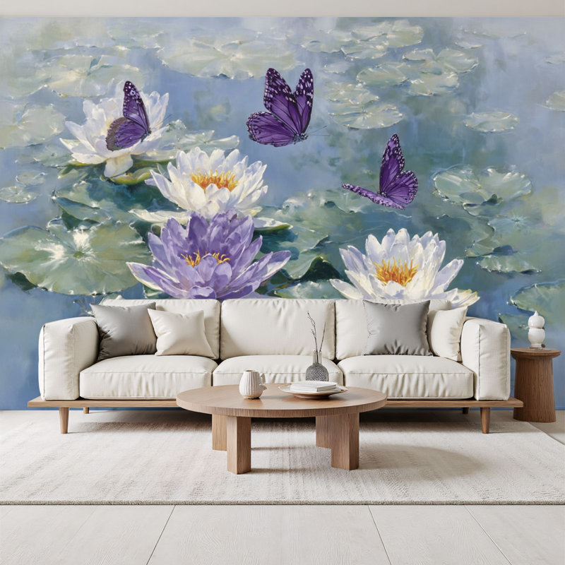 Papier peint adhésif floral avec papillons mauves Serene Water Pond, L 96 po x l 69 po