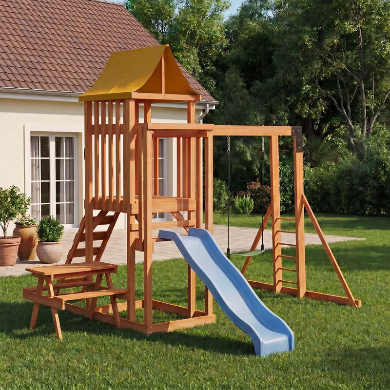 Ensemble de balançoire d'extérieur en bois avec glissade et mur d'escalade - idéal pour les cours et les aires de jeux
