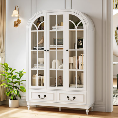 Bibliothèque de 67 po de hauteur avec portes en verre, vitrine à 4 niveaux avec tablettes réglables, blanc