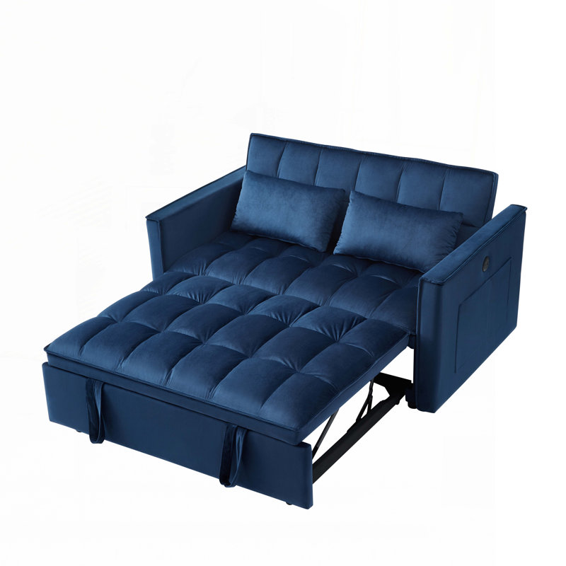 Canapé-lit avec port USB, coussins et poche latérale, Velours bleu