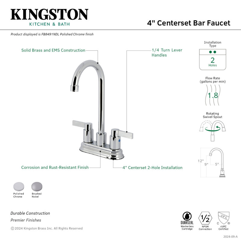 Kingston Brass Nuvofusion Two-Handle 2-Hole Deck Mount Bar Faucet, Brushed Nickel