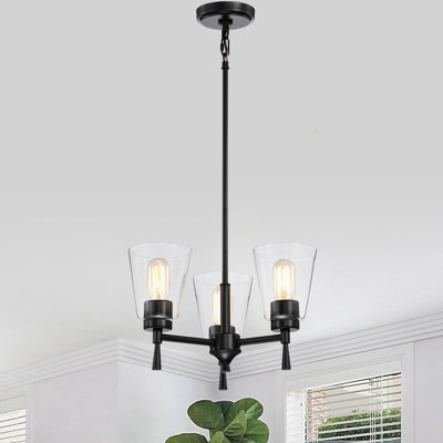 Lustre moderne noir mat à 3 lumières Briarwood avec abat-jour en verre conique transparent
