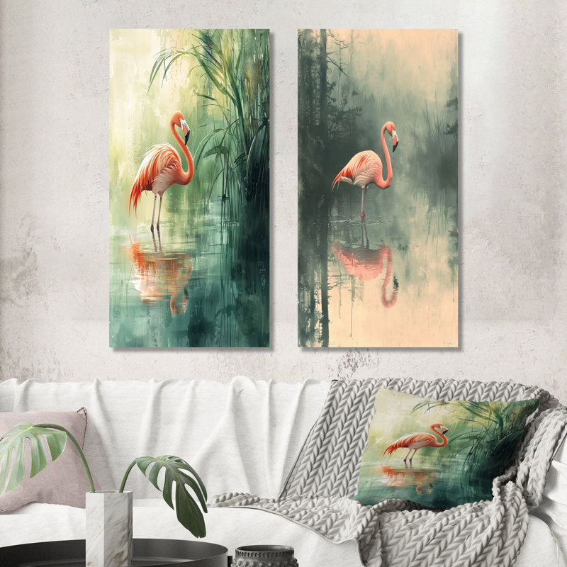 Flamant rose dans le marais I - animaux, art mural 2 pièces, H 28 po x l 25 po, Toile tendue