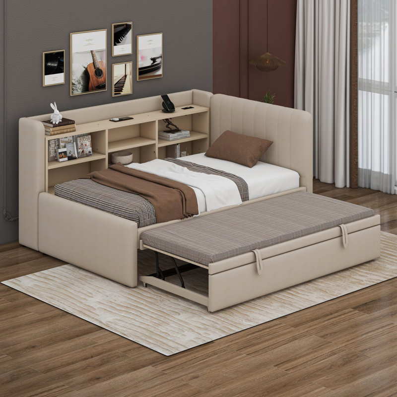 Lit de jour simple rembourré avec lit gigogne, tablettes de rangement, port USB et prise, Beige