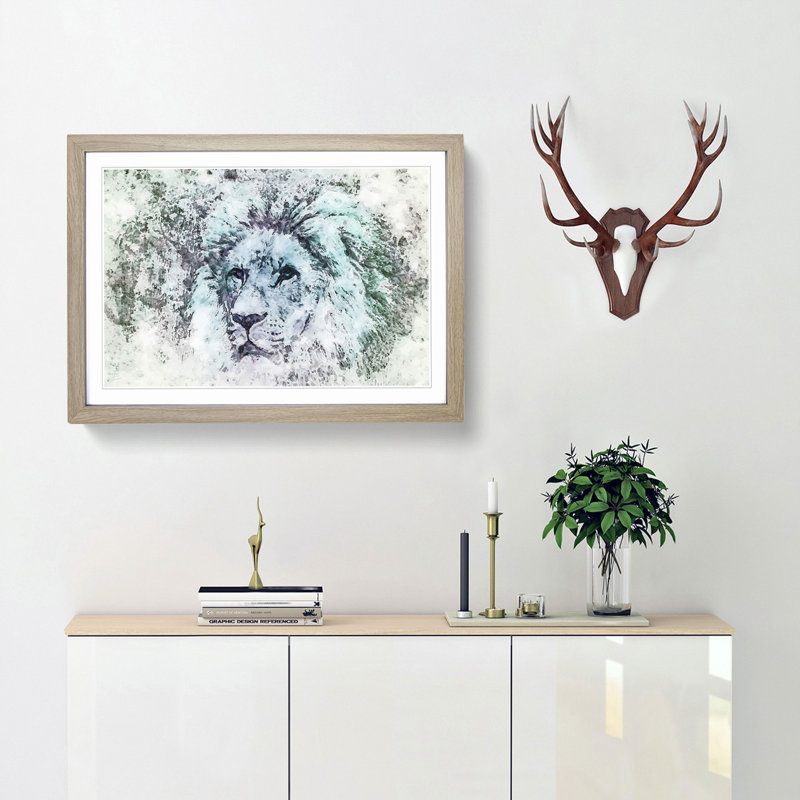 A Lion Portrait in Abstract - Picture Frame Painting Print, Oak Framed, 62cm H x 87cm W x 2cm D