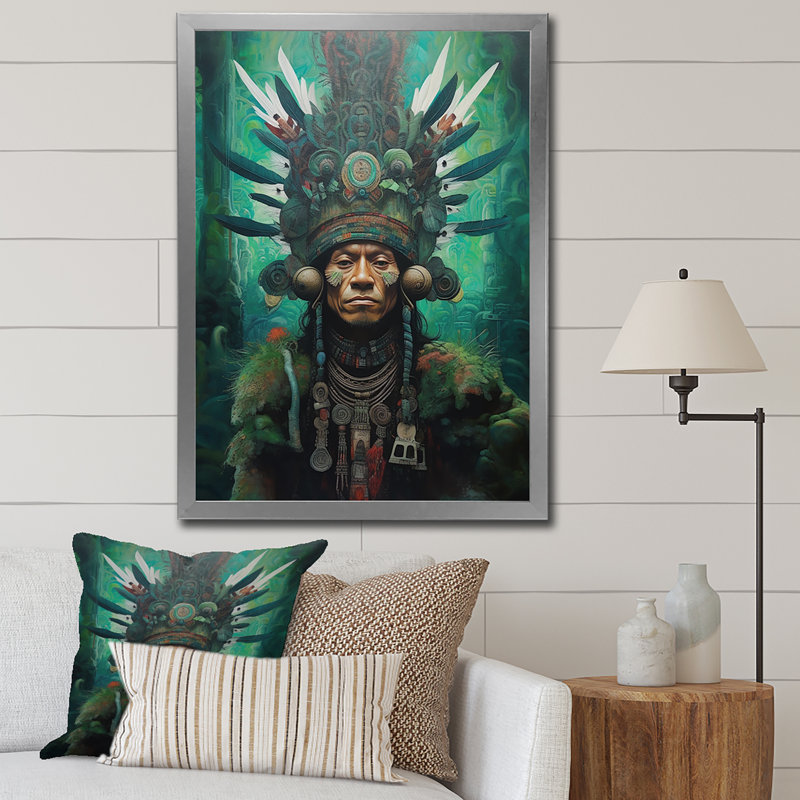 Indigène chaman Amazon Feather coiffe sur toile, H 40 po x l 30 po x P 1,5 po, Cadre simple argenté