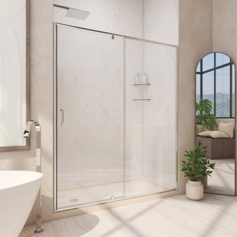 Flex 60" W x 30" D x 74.75" H Semi-Frameless Rectangle Pivot Shower Enclosure with Base Included, Chrome/Biscuit, Left