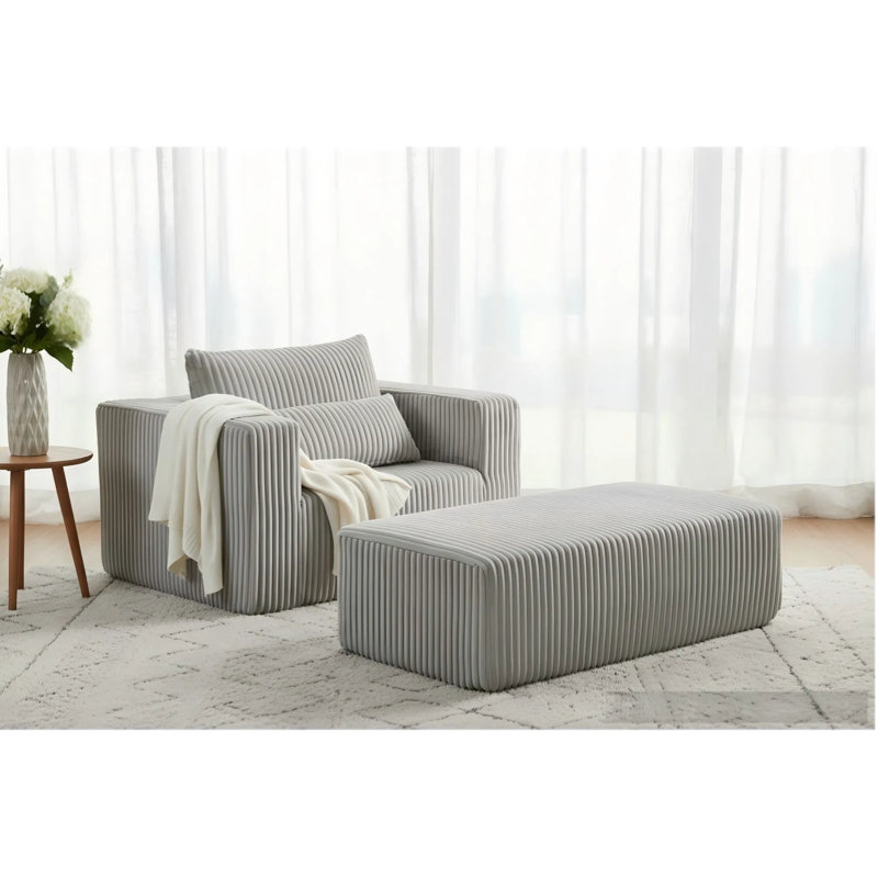 Méridienne compressée avec repose-pieds, fauteuil d'appoint surdimensionné en velours côtelé emballé sous vide pour faciliter le transport, sans assemblage