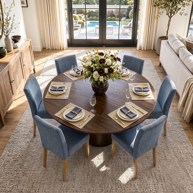 Ensemble de table de salle à manger pour 6 personnes avec table ronde unie et 6 chaises rembourrées en lin, Bleu