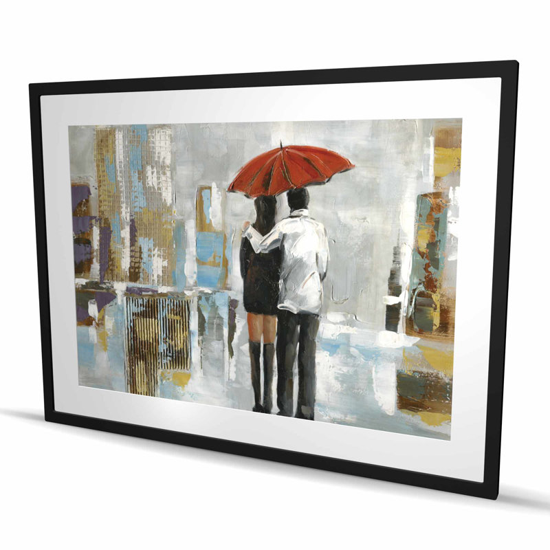 «Couple Walking Under Umbrella - Romantic Man», reproduction encadrée