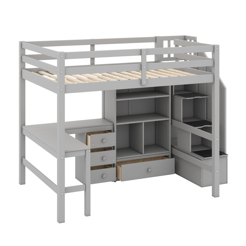 Lit mezzanine avec bureau en L et tiroirs, armoire et escalier de rangement, Gris