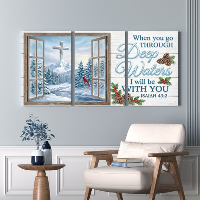 Tableau mural en toile tendue représentant un paysage d'hiver avec croix et verset biblique inspirant (Isaïe 432), idéal pour la décoration du salon, de la chambre ou de l'église.