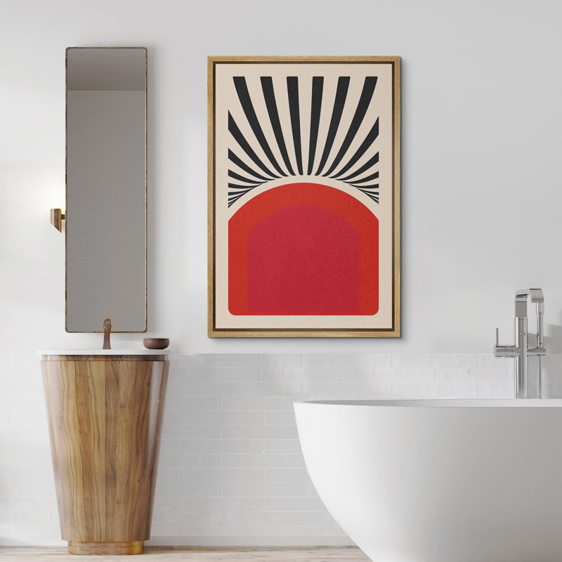 Vibrant Polygon Pattern Red Sun Landscape - Floater Frame Print on Canvas, Natural, 24" H x 16" W x 1.5" D