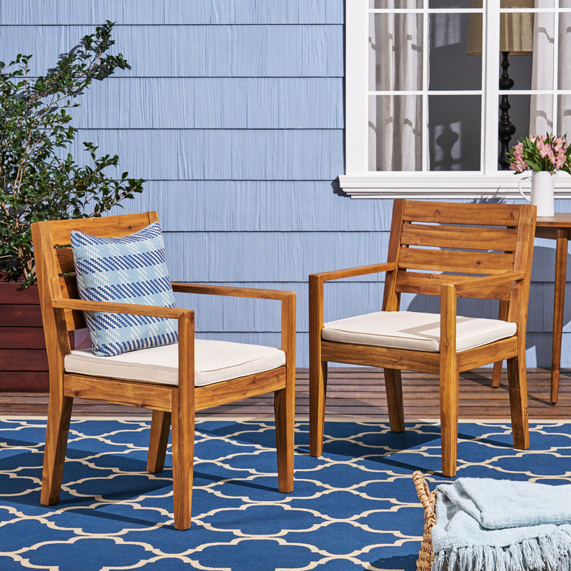 Outdoor Dining Chairs - Slatted Wood With Water- Cushioning, Beige Seat And Back Linings