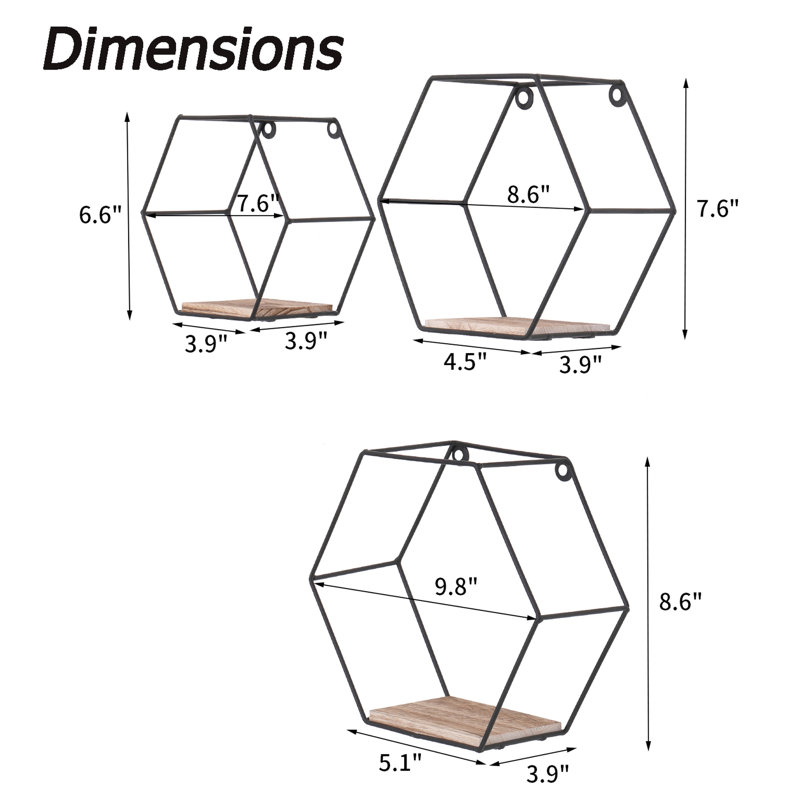 Tablettes murales flottantes hexagonales murales, solution de rangement moderne pour la chambre à coucher et le salon, cloison simple en bois de style rustique noir avec 3 tablettes, forme, décoration idéale, matériaux de haute qualité