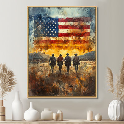 «California Gold Rush Cowboys And Usa Flag II», reproduction d'art sur toile