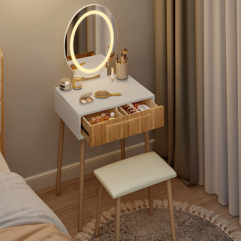 Small Vanity Desk With 18" Mirror And Lights, Wooden Handles With Cushioned Stool