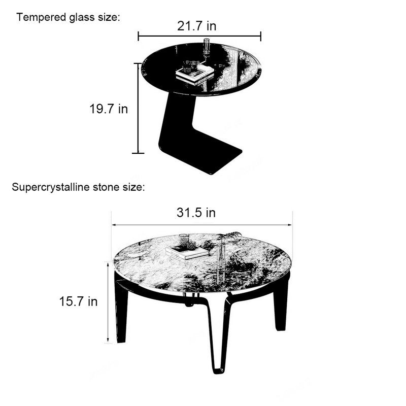 Table basse ronde en pierre supercristalline, Noir / multicolore / transparent