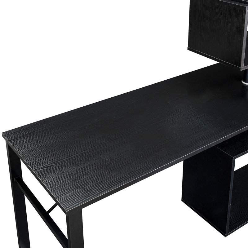 Home Office Computer Desk L-Shaped Corner Table, Rotating Computer Table with 5-Tier Bookshelf, Four Installation Methods, Lockable Casters (Black)