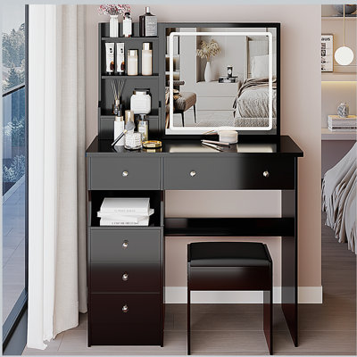 Meuble-lavabo de 37 po de taille moyenne avec tiroir de gauche et tabouret rembourré, grand tiroir, commande tactile, interrupteur tricolore, miroir à luminosité réglable, rangement grande capacité, convient aux grands espaces
