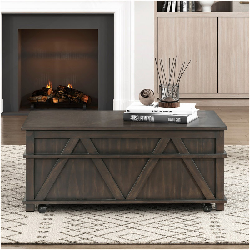 Table basse traditionnelle à plateau relevable rustique avec rangement brun